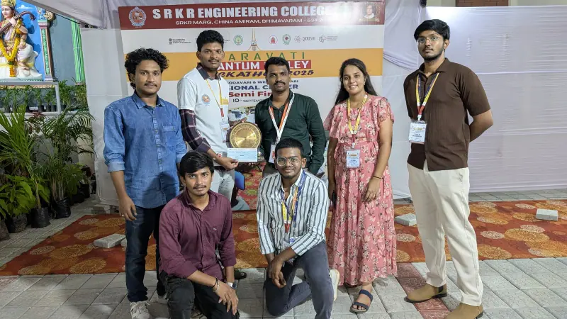Regional winning team with the prize at Amaravati Quantum Valley Hackathon 2025 at SRKR Engineering College, Bhimavaram